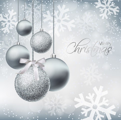 Wall Mural - Merry Christmas card with silver baubles Vector realistic. Christmas shiny glitter decorations. Holidays winter poster. Detailed 3d illustration decors