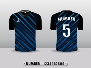 Black and blue football club t-shirt sport design template. Front and back view. Vector Illustration EPS10.