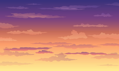 sunset sky in yellow-violet color with clouds, gradient, landscape, background with clouds, vector i