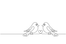 Couple Of Love Birds And A Heart. Continuous Line Drawing.