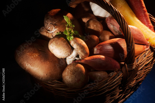 Fotografía Wicker basket full of mushrooms and root vegetables in low key lighting on a bla