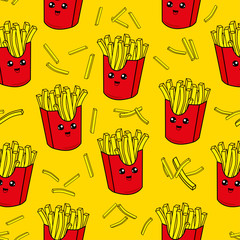 Wall Mural - Cute kids french fries pattern for girls and boys. Colorful french fries on the abstract grunge background create a fun cartoon drawing.The pattern is made in neon colors. Urban french fries pattern