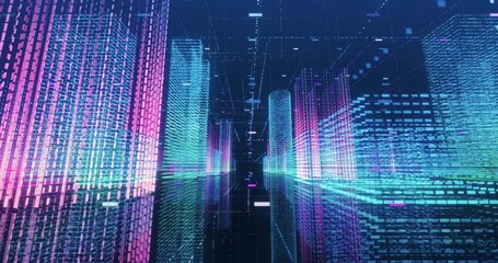 Wall Mural - seamless loop abstract hologram 3d city rendering with futuristic matrix. digital buildings with a b