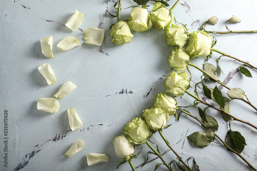Frame made of beautiful green roses and petals on light background
