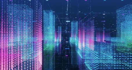 Wall Mural - seamless loop abstract hologram 3d city rendering with futuristic matrix. digital buildings with a b