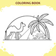 Coloring book page for kids. The camel and Giza pyramids