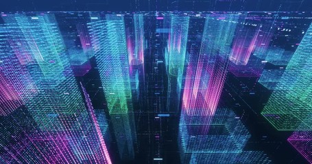 Wall Mural - seamless loop abstract hologram 3d city rendering with futuristic matrix. digital buildings with a b