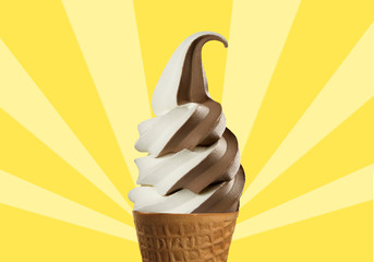 ice cream soft chocolate and vanilla with yellow design background.