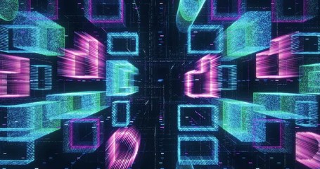 Wall Mural - seamless loop abstract hologram 3d city rendering with futuristic matrix. digital buildings with a b