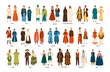 Collection of men and women dressed in folk costumes of various countries isolated on white background. Set of people wearing ethnic clothing. Colorful vector illustration in flat cartoon style.