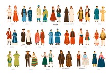 Collection Of Men And Women Dressed In Folk Costumes Of Various Countries Isolated On White Background. Set Of People Wearing Ethnic Clothing. Colorful Vector Illustration In Flat Cartoon Style.