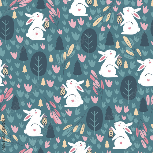 Seamless pattern with cute rabbit. Childish print. Vector Canvas Print