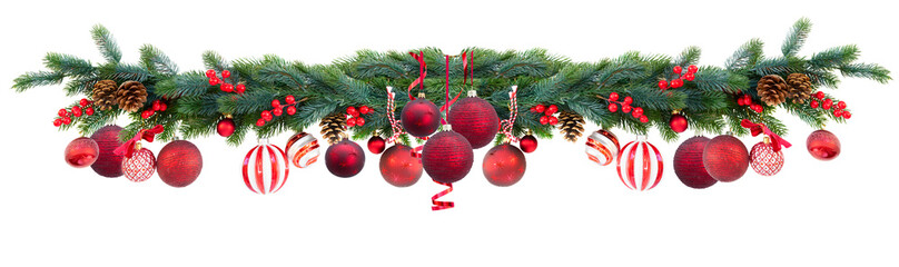 christmas festive garland with red balls, cones and berries on isolated white background