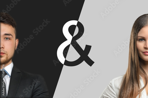 Fotografía A businessman and a businesswoman on a contrast background of opposite black and white colors