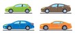 Set of personal cars. Set of automobiles in flat style. Sedan, sport coupe car, hatchback. Side view. Vector illustration.