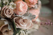 Wedding bouquet in shades of dusty rose, white, green, beige, pink and purple. Beautiful and delicate bridal bouquet.