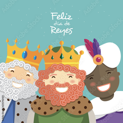 Fotografía Happy three kings smiling and spanish text on a green background