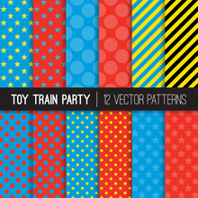 Toy Train Theme Vector Seamless Patterns. Children Rail Road Birthday Party Decoration Backgrounds. Red, Blue, Black And Yellow Stripes, Stars And Polka Dots. Repeating Pattern Tile Swatches Included