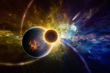supernatural extraterrestrial life form in deep outer space orbiting near exploding planet
