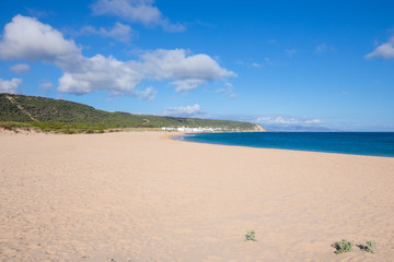 Wall Mural - landscape of large Varadero Beach or Marisucia, and Canos Meca village (Barbate, Cadiz, Andalusia, Spain)