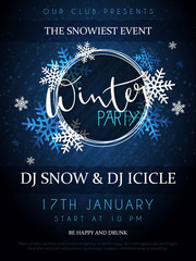 Vector illustration of winter party poster with hand lettering label - winter - with snowflakes