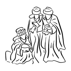 Three wise men bringing gifts to Jesus vector illustration sketch doodle hand drawn with black lines isolated on white background