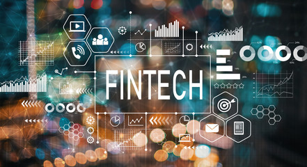 Wall Mural - fintech with blurred city abstract lights background