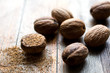 © Andrew Scrivani - Close up of nutmeg on wooden table