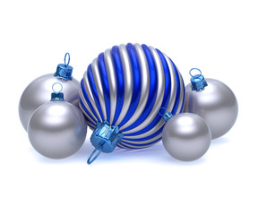 New Year's Day Christmas ball group decoration shiny silver white blue. Baubles wintertime hanging Merry Xmas adornment traditional decor. 3d rendering