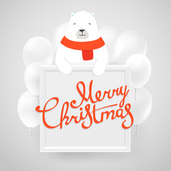 Poster - White frame on a wall with flying white balloons and white bear. Merry christmas