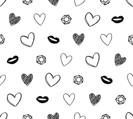 Wall Mural - Hearts, lips and diamonds seamless pattern. Valentine's day design. Hand drawn texture.