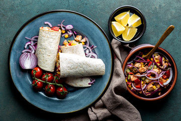 Sticker - Burritos wraps with chicken meat and vegetables, traditional Mexican cuisine, fastfood