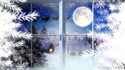 Poster - Snowflakes and window with Santa and reindeer flying in Winter