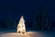 Holiday landscape with Christmas tree, snow and lights in winter mountains. New year celebration concept