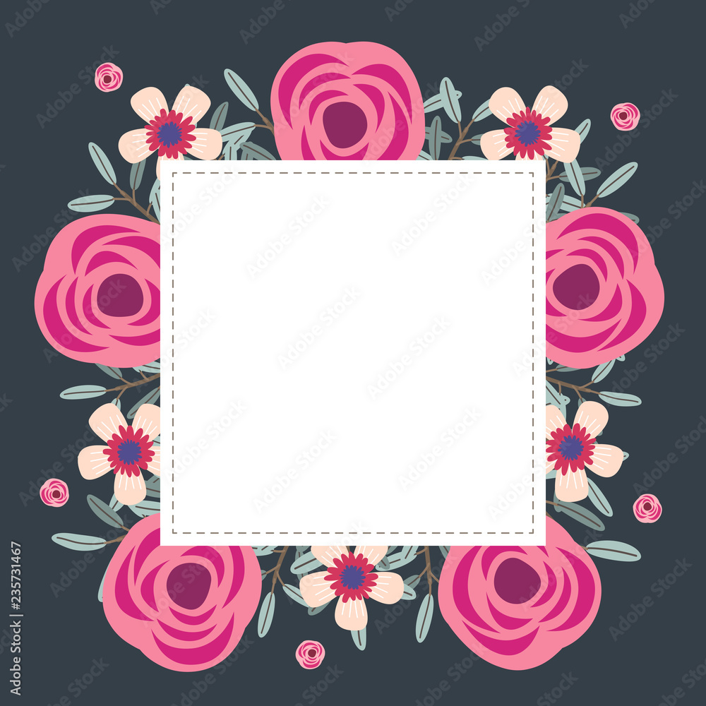Floral greeting card and invitation template for wedding or birthday  anniversary, Vector triangle square shape of text box label and frame, Rose  flowers wreath ivy style with branch and leaves. Stock Vector |, image size:1000x1000