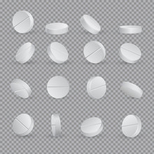 Round White Medical Pills In Different Positions.