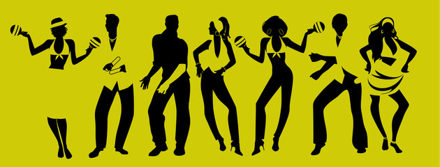 Salsa Party Time. Group of three men and four women dancing latin music. Two girls playing maracas and man playing the Claves.