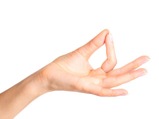 Wall Mural - Woman hand showing mudra gesture or holding something.