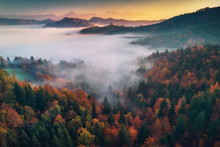 Aerial Drone View Of Saint Tomas Church, Slovenia. Morning Mist In The Forest.