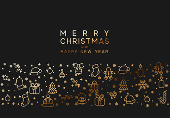 Wall Mural - Merry Christmas and happy new year. Black background with festive gold linear style