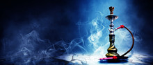 Hookah On A Dark Abstract Background, Smoke, Fog, Neon, Concrete, Rays
