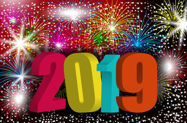 Wall Mural - Colorful 3D numbers 2019 New Year. Design background with sparkling fireworks, holiday greeting. Vector
