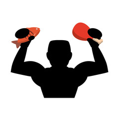 Poster - bodybuilder silhouette lifting meat fish and chicken