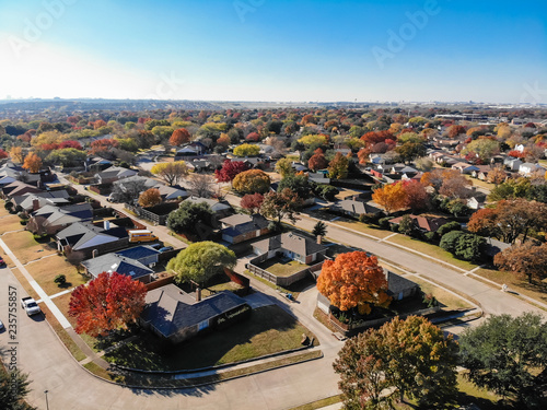 Top View Beautiful Neighborhood In Coppell Texas Usa In Autumn