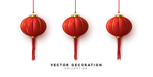 Chinese Hanging Red Lanterns Realistic Isolated On White Background