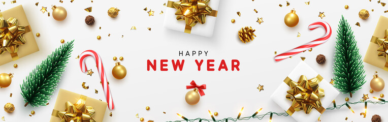 Wall Mural - Happy New Year banner, Xmas sparkling lights garland with gifts box and golden tinsel. Horizontal Christmas posters, greeting cards, headers, website. Objects viewed from above. Flat lay, Top view