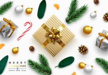 Wall Mural - Christmas background. Design realistic gifts box, candy, green leaves, xmas balls, decoration bauble, pinecone and pine branch. Holiday greeting card, vector banner, web poster