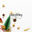 Christmas greeting card. Xmas Festive composition with decorative objects. Calligraphic text. Xmas elements decorations. Creative holiday invitation template top view. Vector illustration