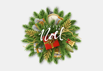Wall Mural - French text Joyeux Noel. Christmas background. Design Bundle of pine branches into a round sphere and the holiday Xmas decoration object, gift boxes, antique clocks, golden bell