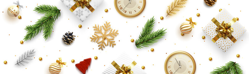 Wall Mural - Christmas vector banner. Background Xmas realistic decoration objects viewed from above.
